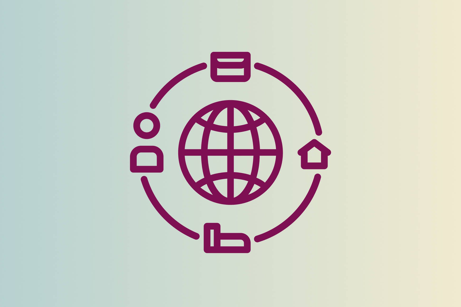 Globus-Icon umrandet von Icon, die unseren Alltag ausmachen: die eigene Person, Arbeit, Haushalt