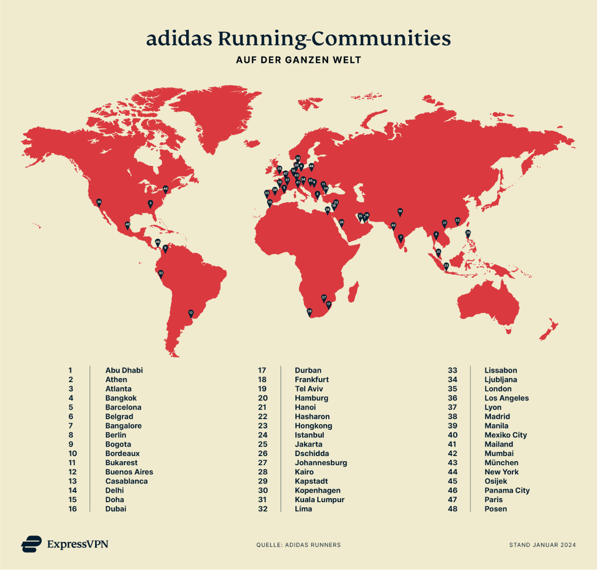 Weltkarte der adidas-Running-Communities