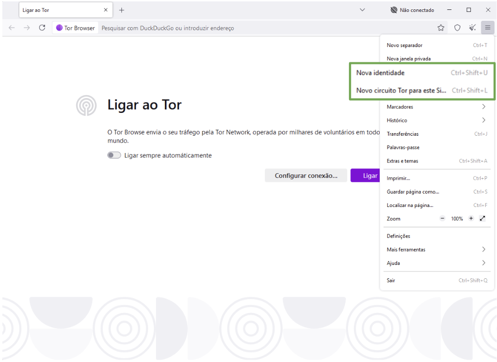 Tor browser application menu with the New identity and New Tor circuit for this site options highlighted.