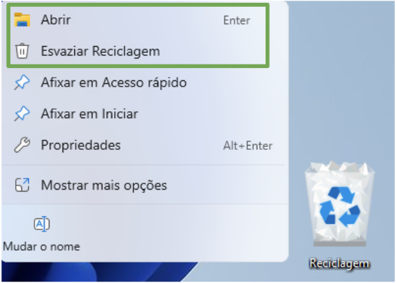 Windows 11 dropdown menu with the options to open the Recycle Bin and empty it highlighted.