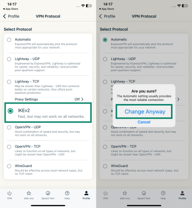 The VPN Protocol screen of the ExpressVPN iOS app, with IKEv2 protocol highlighted (left) and the Are you sure pop-up with the Change Anyway button highlighted (right)