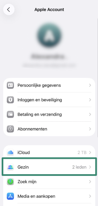 Family menu option shown under Apple ID in iPhone Settings.