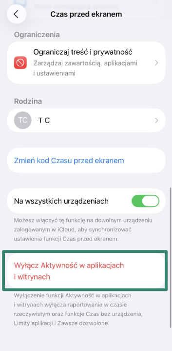 Option to turn off App & Website Activity in Screen Time settings.