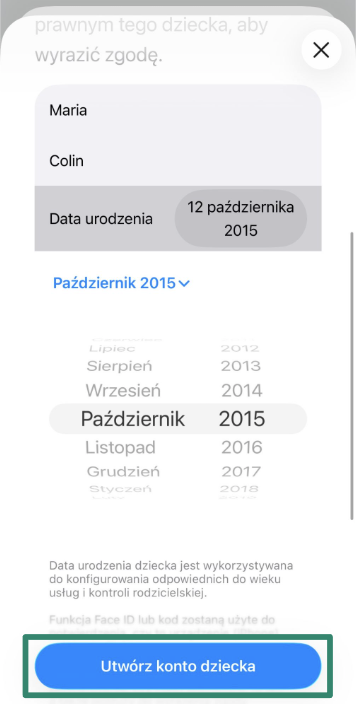 Options to invite family member or create child account on iPhone.