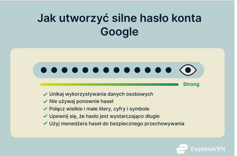 Infographic showing how to create a strong Google password.