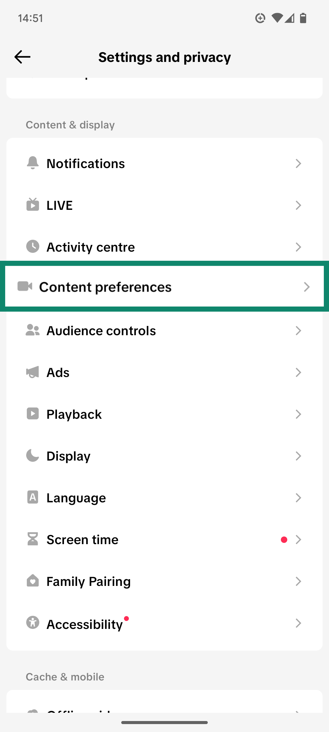 The Settings and privacy menu of the TikTok app, showing the Content preferences option.