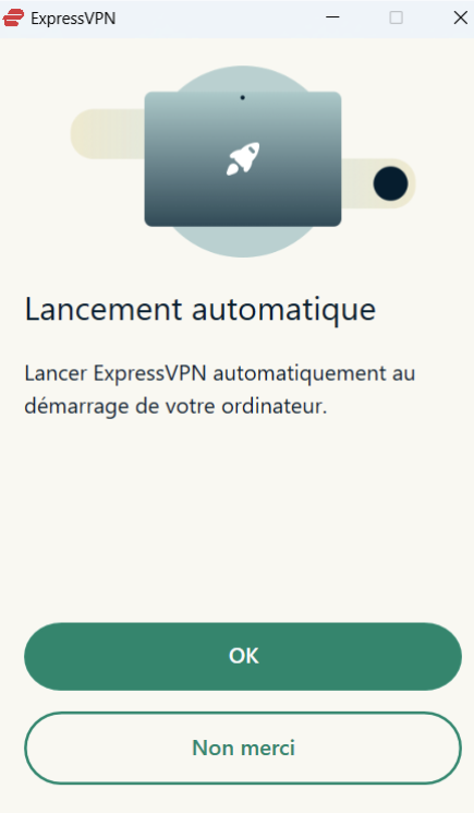 ExpressVPN on Windows asking to launch automatically on Windows startup.