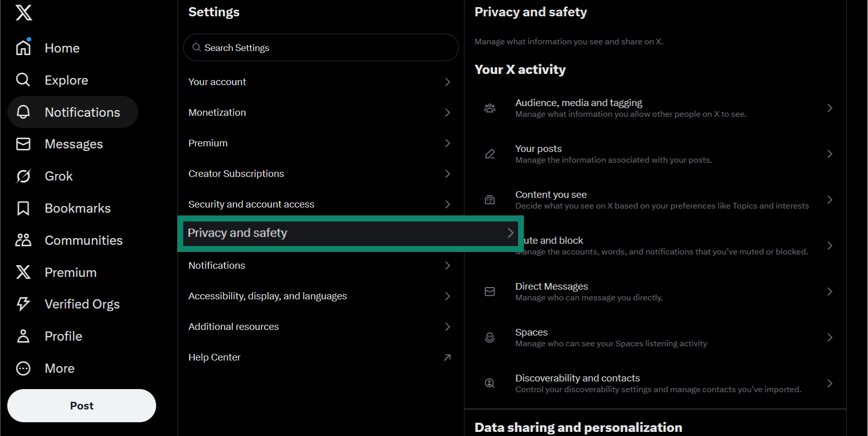 The Settings menu of the Twitter website, showing the Privacy and safety option.