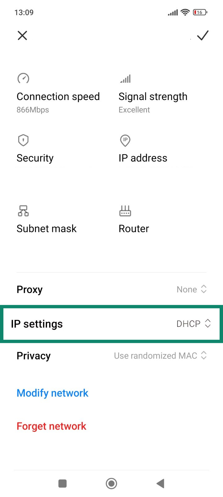 The network information page on an Android phone, showing the IP settings button.