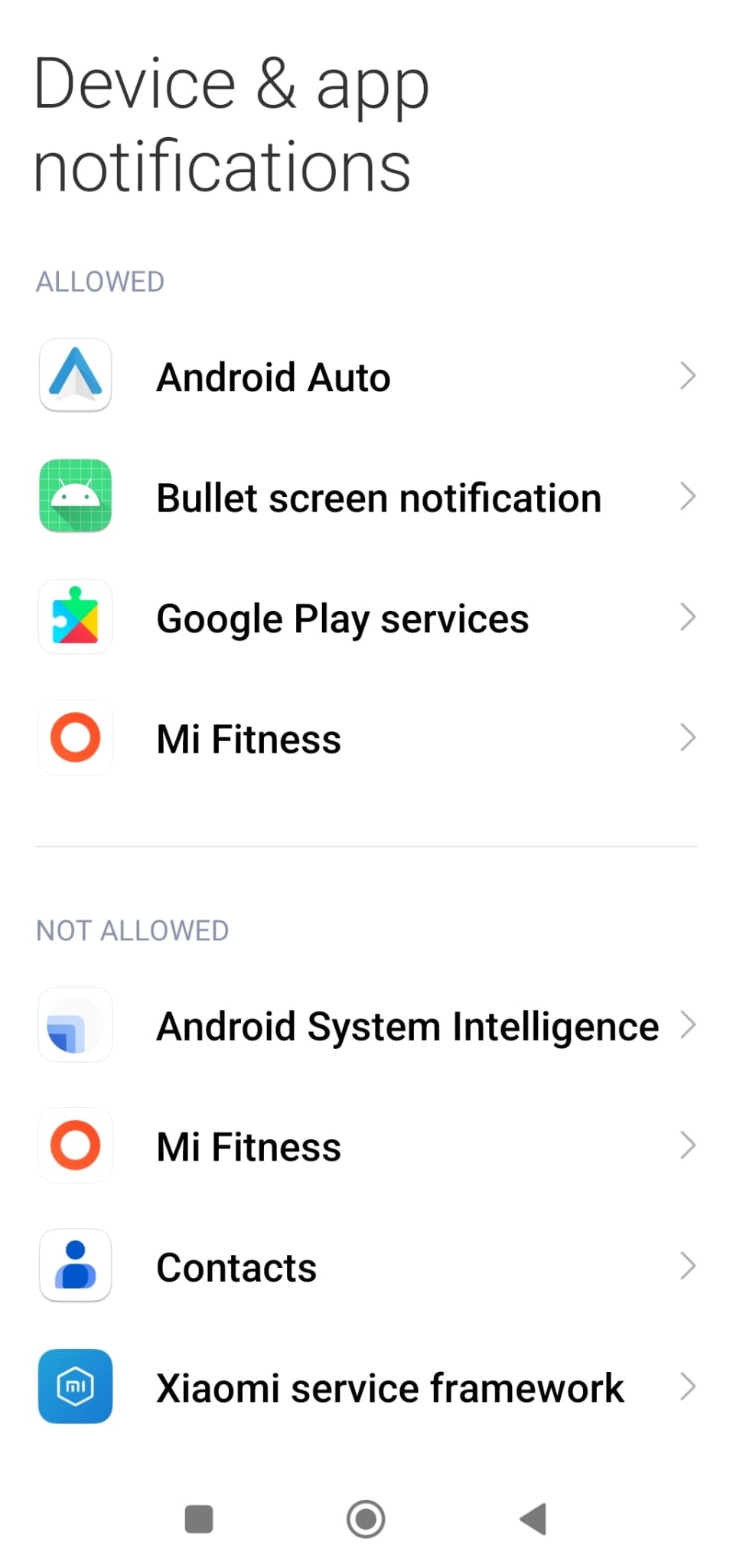 Device and app notifications list on Android, showing allowed and not allowed apps