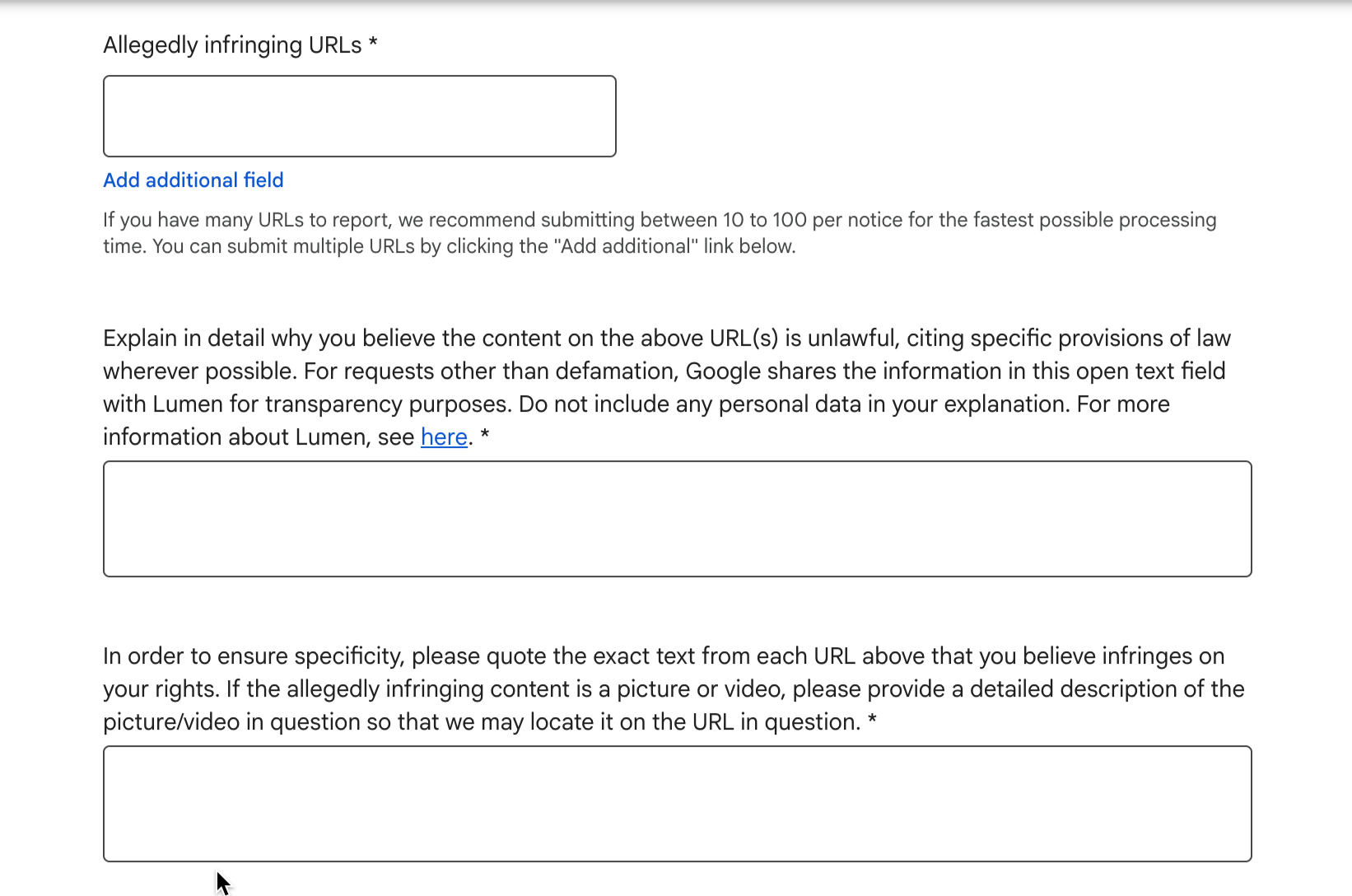 Option to add infringing URLs and other relevant details on the Google content removal page.