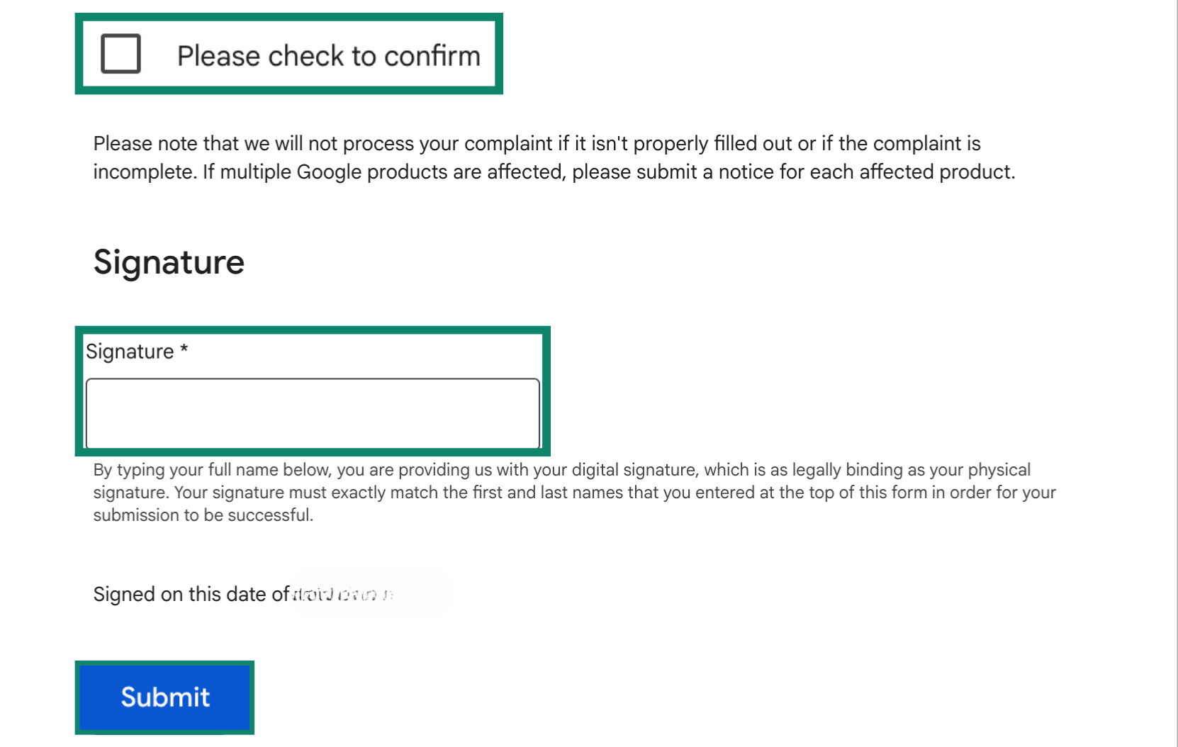 Final steps of the Google content removal process with the consent boxes and Submit button highlighted.