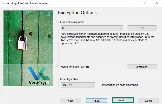VeraCrypt Volume Creation Wizard Encryption Options screen with the Next button highlighted.
