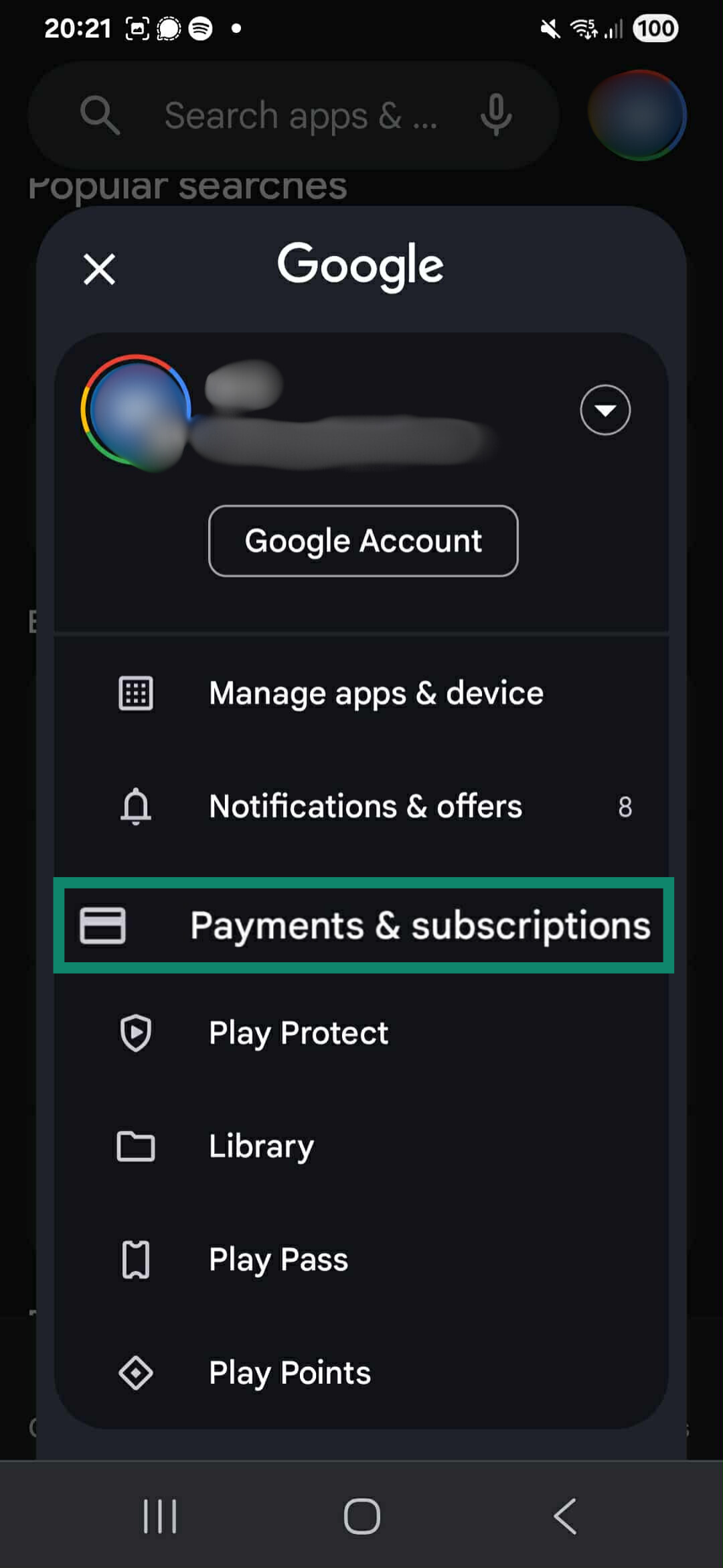 A screenshot showing how to access subscriptions within the Google Play Store.