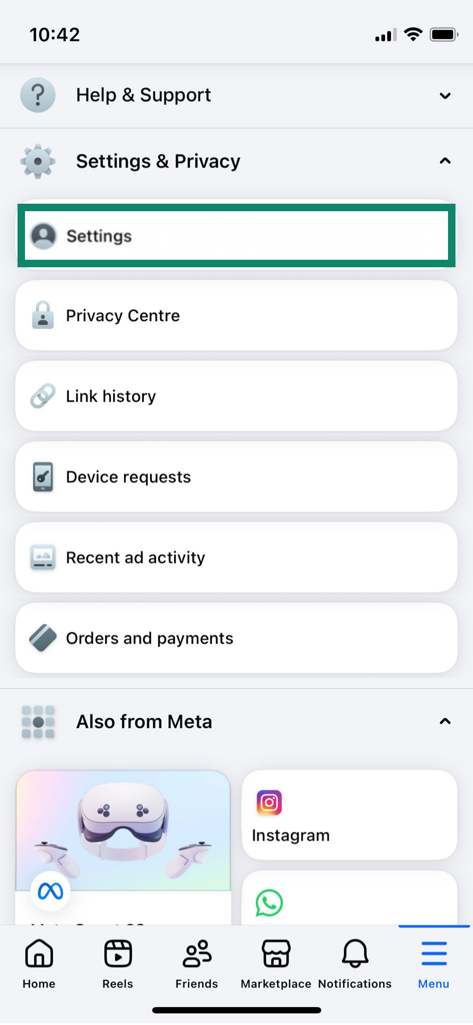 The Facebook settings on iOS.