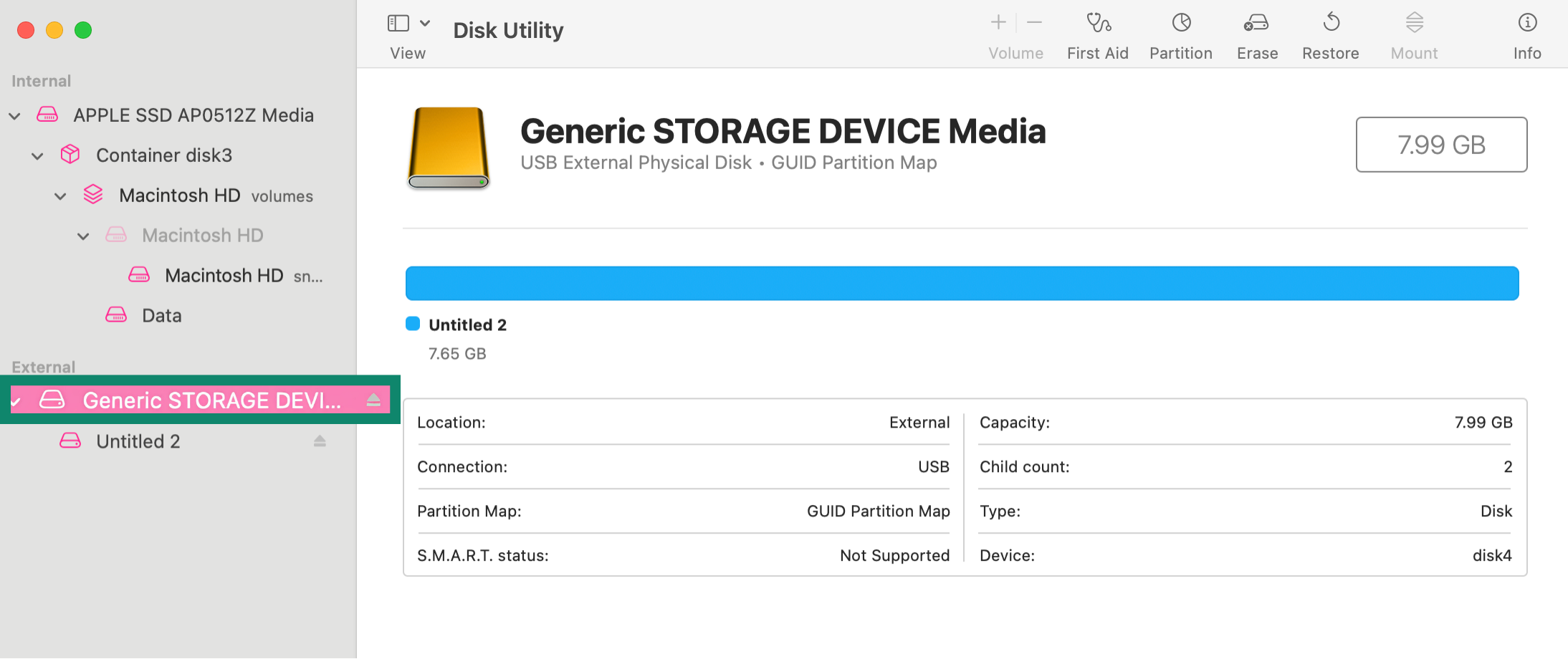 MacOS Disk Utility with a USB flashdrive selected.