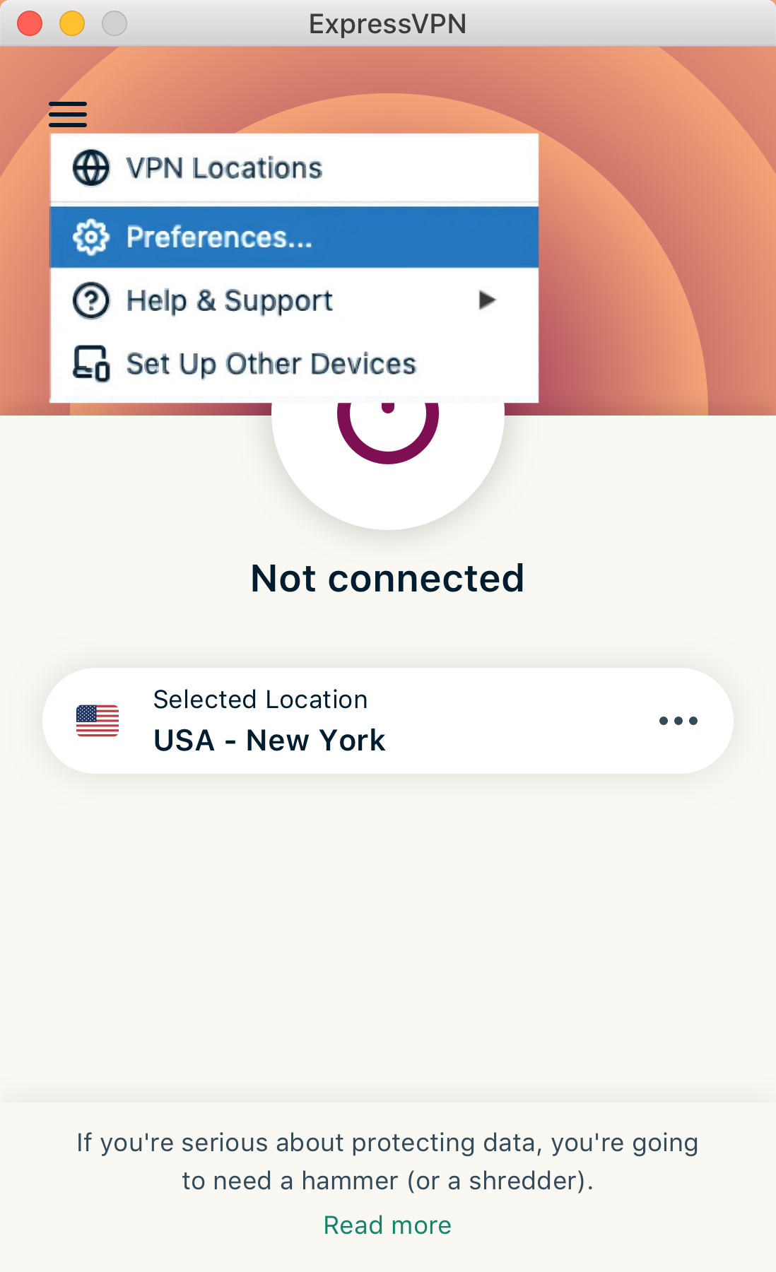 The menu of the ExpressVPN Mac client, showing the Preferences button highlighted.