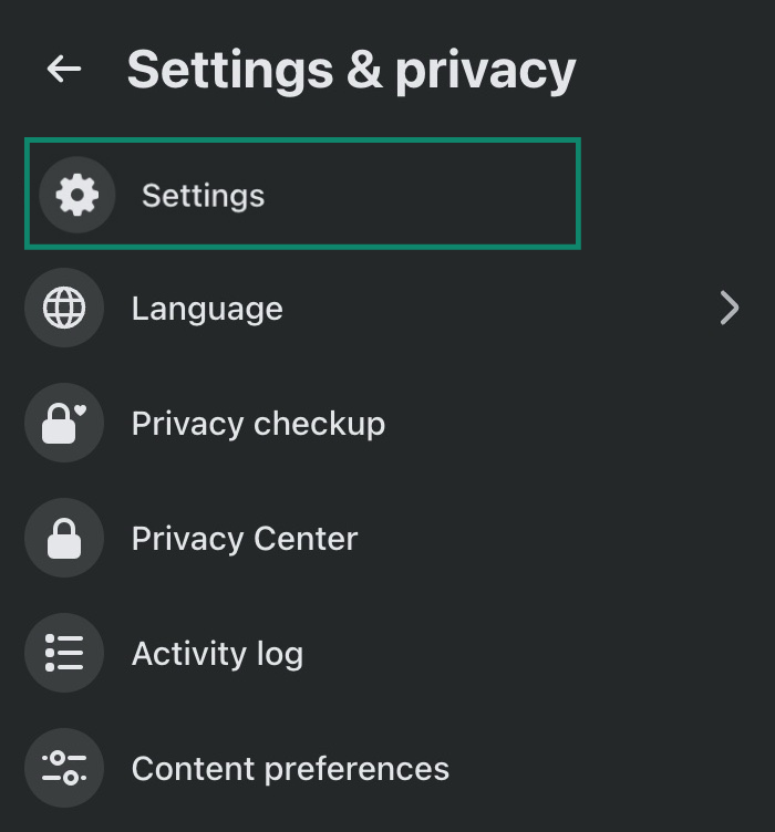 Facebook account settings tab with the Settings option highlighted.