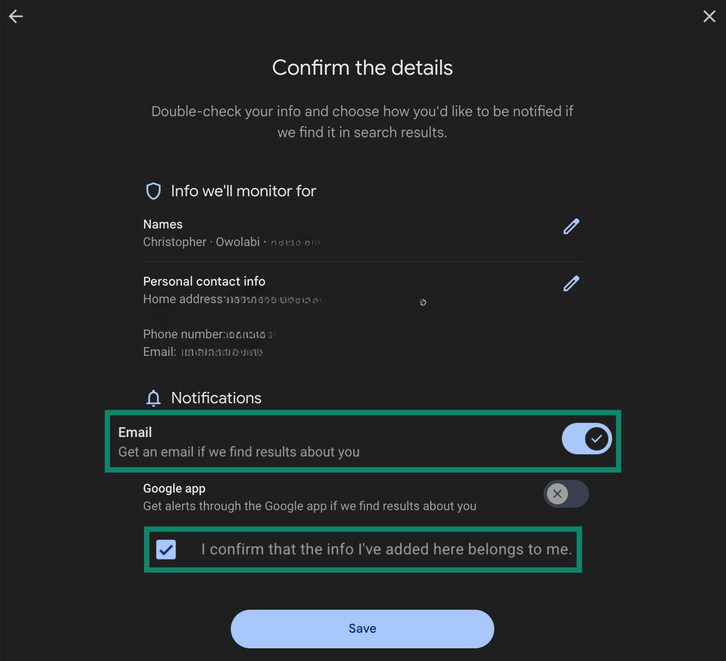 Notification preferences and data check confirmation highlighted on Google's data removal settings.