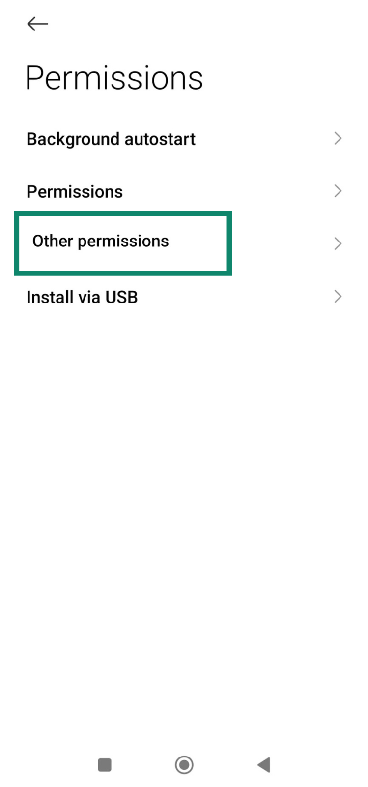 Android app permissions menu highlighting Other permissions option.