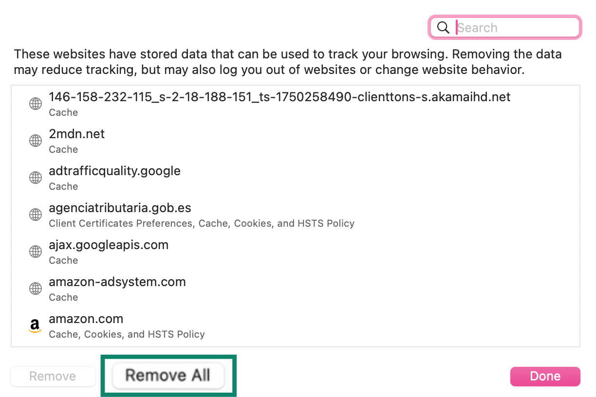 Safari 'Manage Website Data' window with 'Remove All' button.