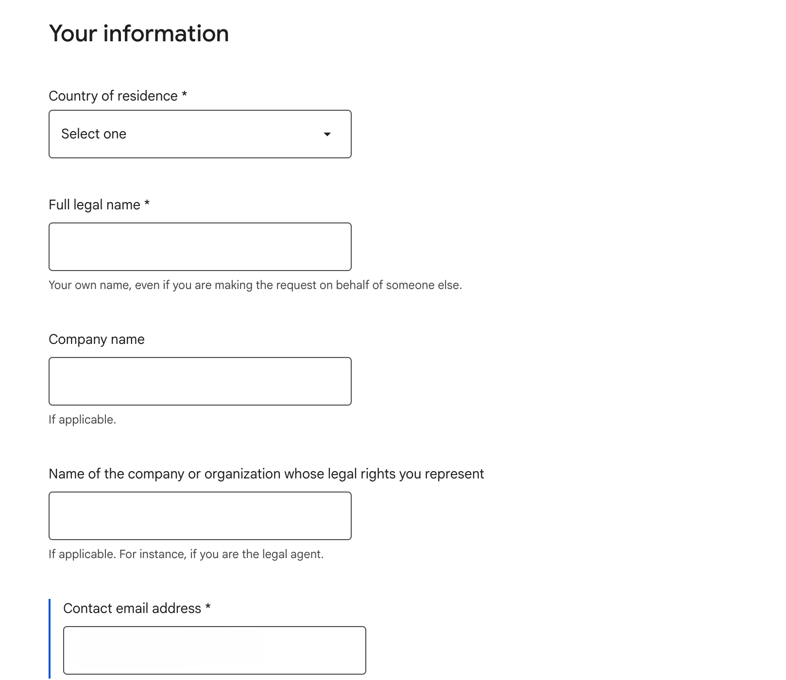 Information form on the Google content removal page to start the process.