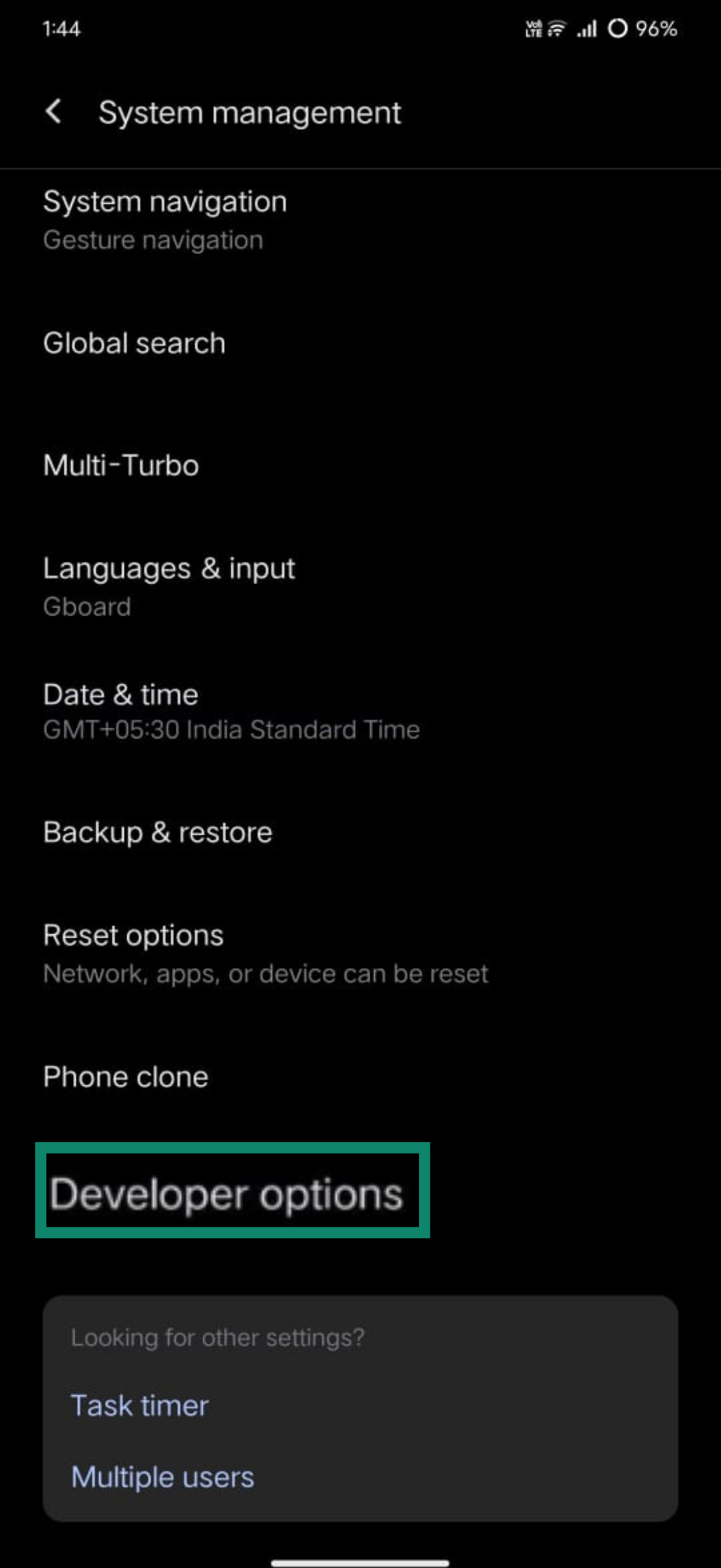 Android's System management settings opened with Developer options highlighted
