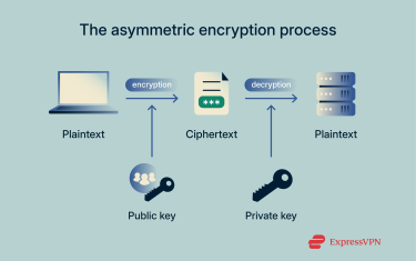A flowchart explaining the concept of asymmetric encryption. The process starts with plaintext, which is encrypted into ciphertext using a public key. A different, corresponding private key is then used to decrypt the ciphertext, turning it back into readable plaintext for the recipient.