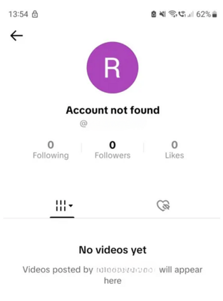 TikTok profile showing Account not found with zero followers.