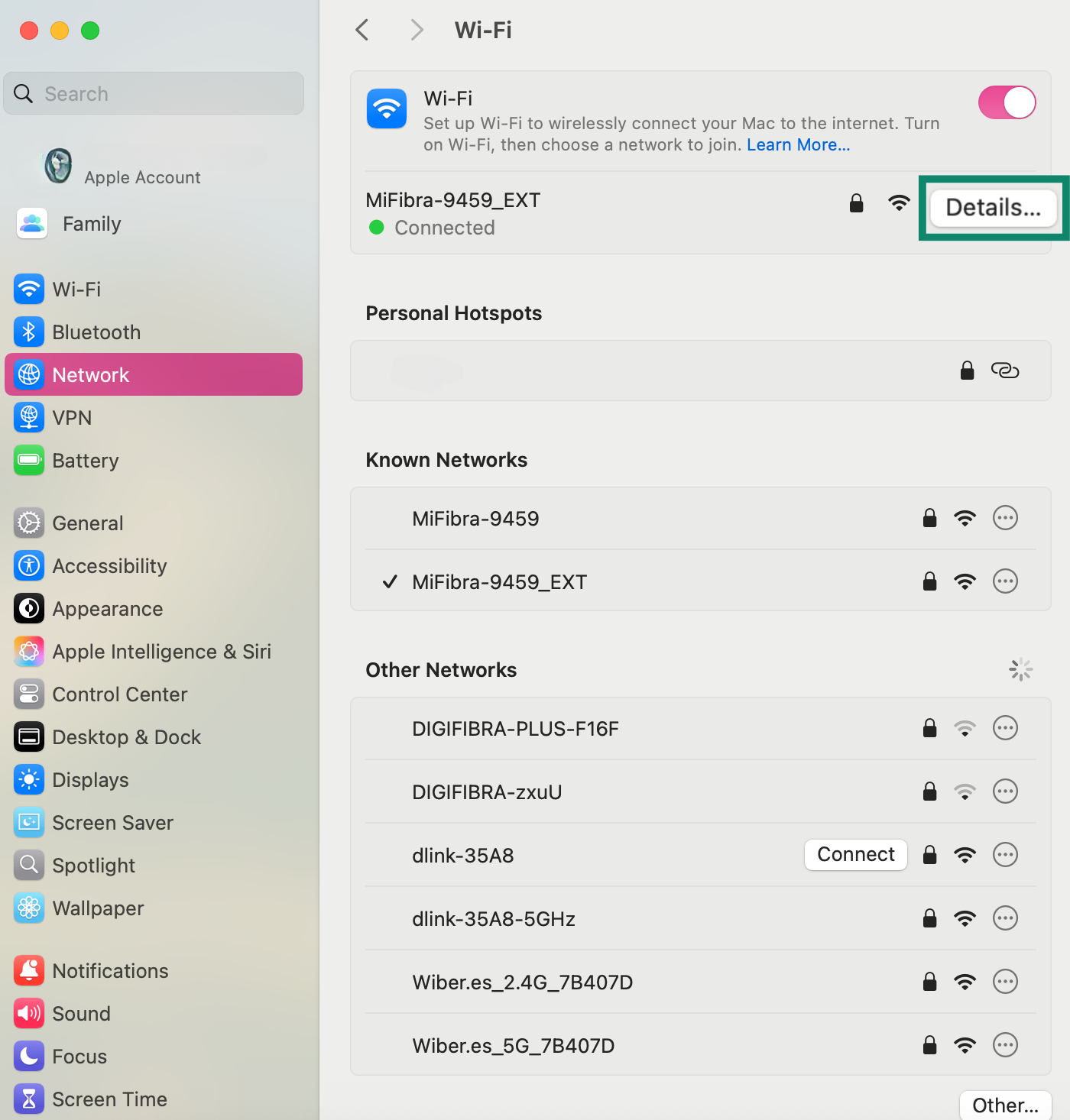 The Mac Wi-Fi settings page, with known networks listed and the Details button highlighted.