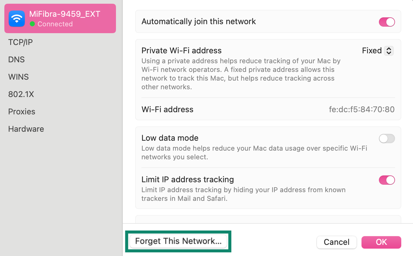The Mac Wi-Fi information window, with Forget This Network highlighted.