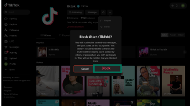 TikTok desktop showing confirmation popup “Block tiktok (TikTok)?” with Block button highlighted.