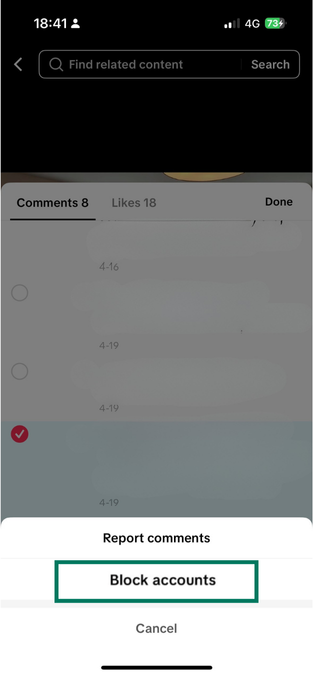 TikTok comment list with multiple comments selected and Block accounts option highlighted