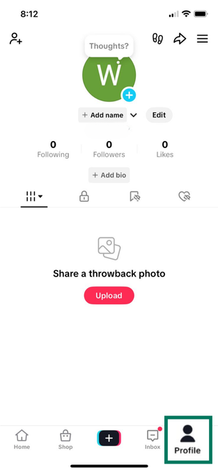 TikTok mobile profile page with the Profile tab highlighted in the bottom navigation bar.