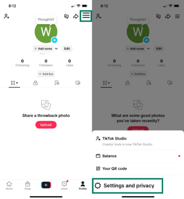 TikTok mobile profile menu open, with Settings and privacy option highlighted at bottom.