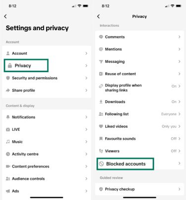 TikTok Privacy settings screen showing Blocked accounts option highlighted under Interactions section.