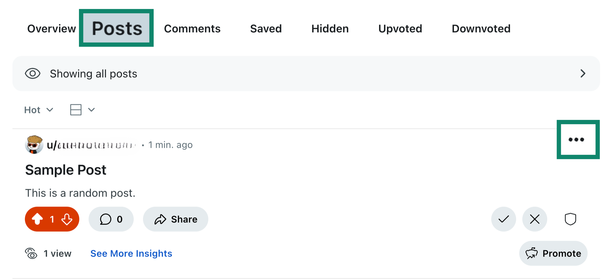 Reddit accounts page on web with Posts highlighted.
