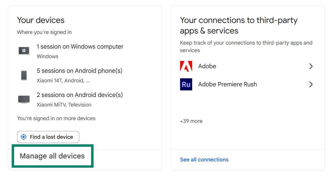 Google Account Security page showing the "Manage all devices" option highlighted.