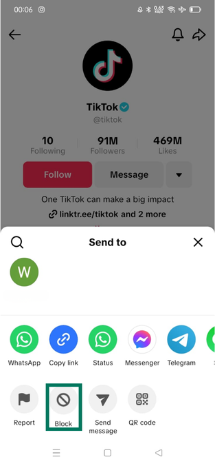 TikTok profile share menu on iPhone with the Block option highlighted in the action row.