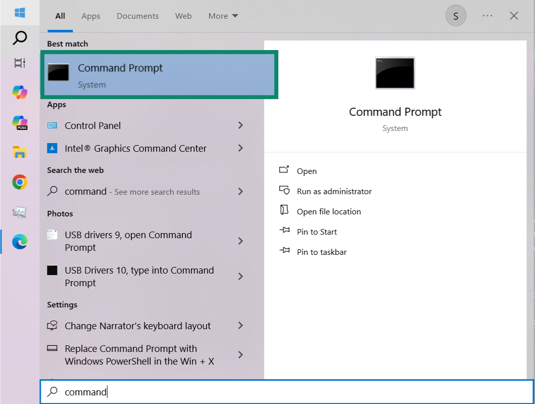 Windows search showing Command Prompt highlighted.