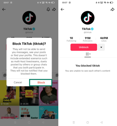 iPhone screens showing block confirmation dialog and blocked profile with Unblock button displayed.