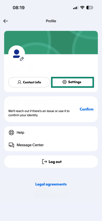 PayPal mobile app profile screen, with the “Settings” button highlighted.