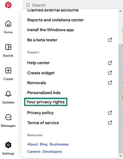 Pinterest settings menu with Your privacy rights highlighted.