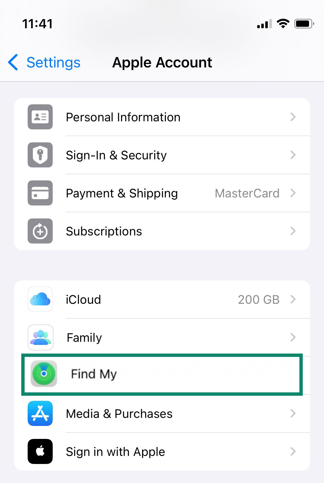 The Find My settings on an iPhone.
