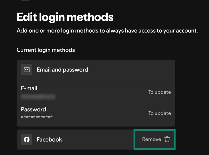 Screenshot of Spotify settings, removing Facebook under Edit login methods