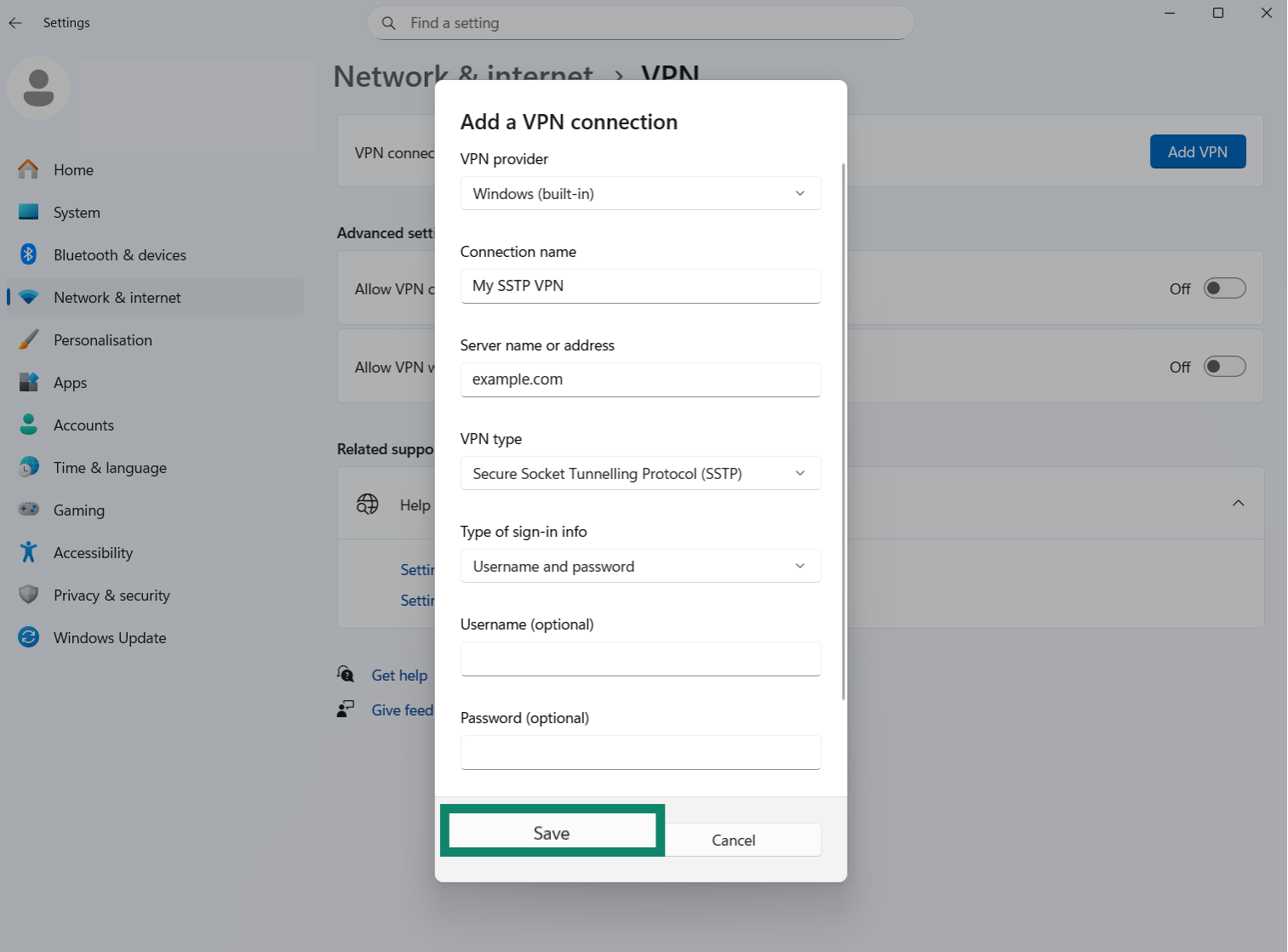 A screenshot of the Windows VPN settings setup screen, showing where the user can enter the connection name, type, and sign in details.