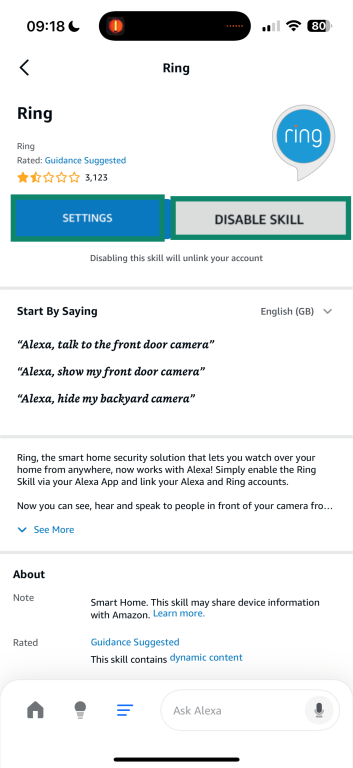 Alexa Ring skill details page with Disable Skill and Settings options.