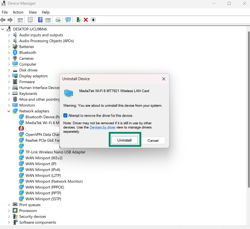 A screenshot of the Device Manager, showing the option to confirm the uninstallation of a Wi-Fi driver.