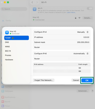 TCP/IP settings on macOS showing Configure IPv4 set to Manually.