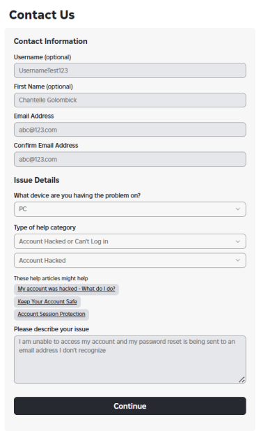 The roblox 'contact us' support form being filled out to report a hacked account, showing fields for contact information and issue details.